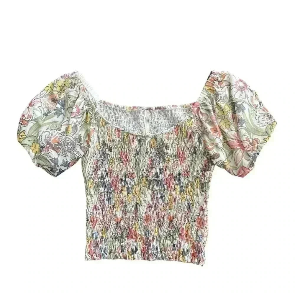 Anthropologie Aurelia Floral Smocked Blouse Size Small Puff Sleeves Cropped